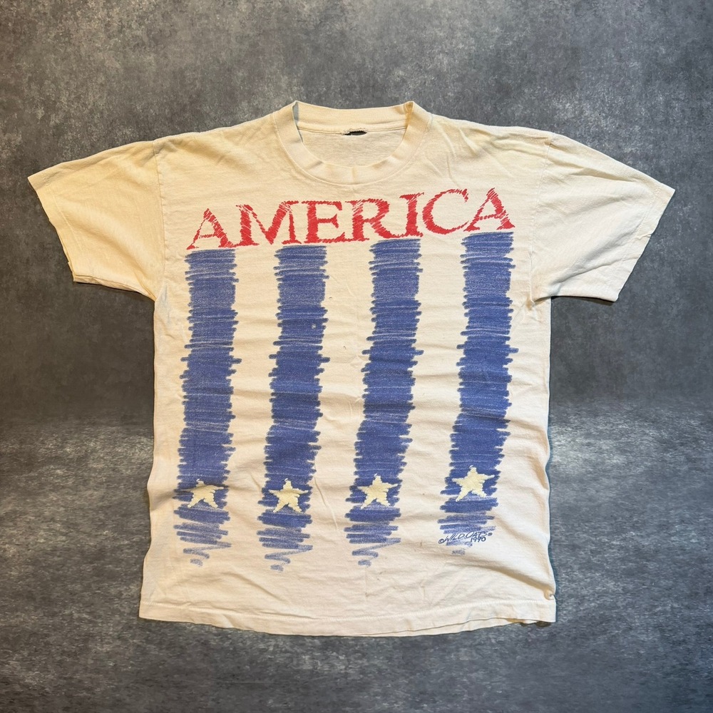 VTG 1990 Wild Oats America USA Flag T-Shirtβ Mens Medium White Single Stitch 90s